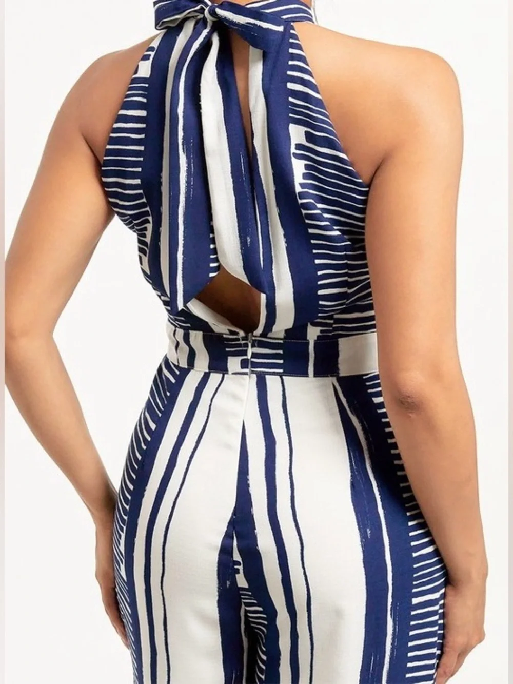 High-Neck Striped Wide-Leg Jumpsuit - Navy & White - Picture 2 of 4